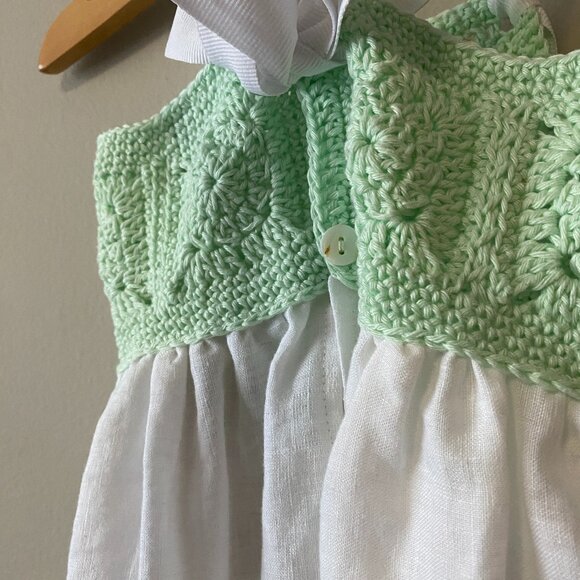 Handmade Baby Size 3 Months Green White Cotton Crochet Linen Bow Dress - Picture 10 of 14
